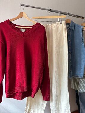 1990s L.L. Bean Red Cotton V-neck Sweater